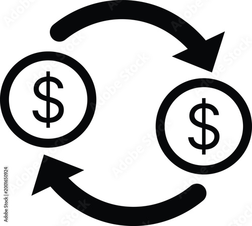 Black dollar coins in circular arrow exchange, representing financial transaction money
