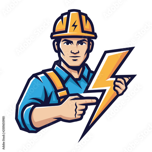 Electrician man holding lightning bolt power symbol logo symbol electrician services.