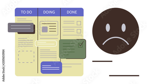 Task prioritization, workflow management, productivity tools, emotional response, project organization, task completion. Kanban board with tasks in columns and a sad face icon. Task prioritization