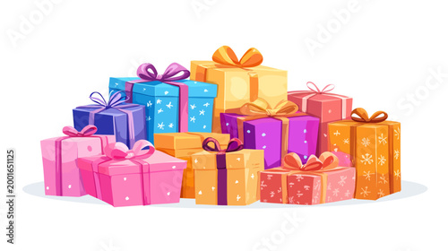 A colorful stack of wrapped gifts, various shapes, and sizes, adorned with bows on white background