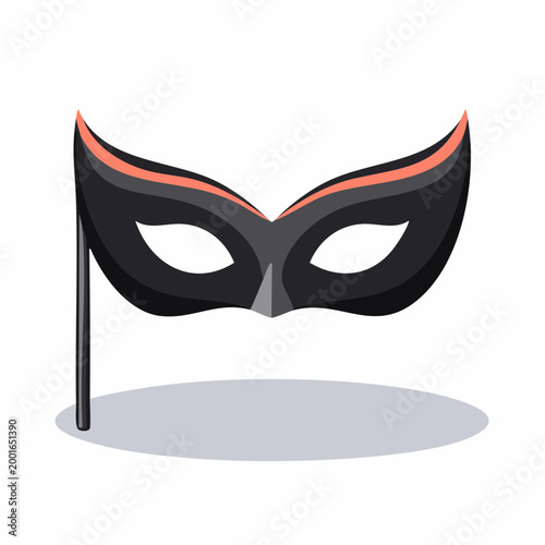 Black Masquerade Mask on Stick with Orange Trim