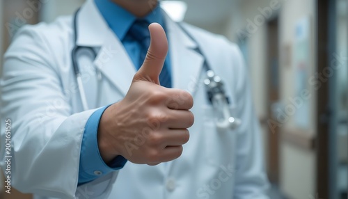 Doctor giving thumbs up in medical clinic