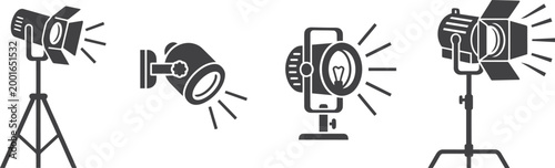 Four different studio spotlight lamps on stands isolated on white background, Vector