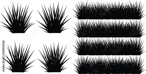 Black grass silhouette borders and bush elements collection isolated on white background for landscape and nature design use