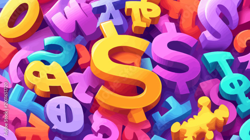 A vibrant, colorful illustration of stylized 3D letters and symbols overlapping