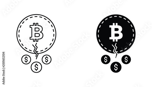 Financial crisis icon set depicting broken bitcoin coin with dollar signs representing cryptocurrency market crash and economic instability in digital finance