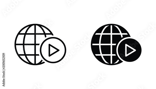 Global media play button icon set showcasing world globe with video playback symbol for international streaming and digital communication platforms