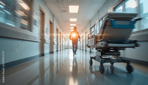 Person walking in a bright modern office hallway