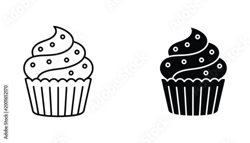 Cupcake dessert icon set with sprinkles in outline and solid style for bakery and food industry branding