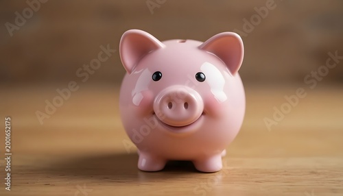 Pink piggy bank smiling on wooden table