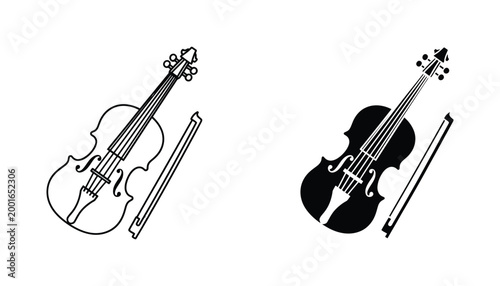 Violin with bow musical instrument icon set for orchestra symphonic performance and classical music education design projects