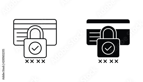 Credit card security lock icon set featuring secure payment protection and verified transaction symbols for financial UI design