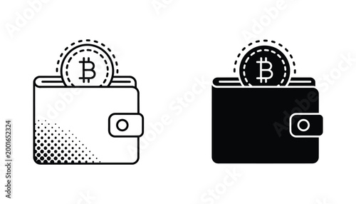 Bitcoin cryptocurrency wallet icon set with digital coin inside leather pouch for blockchain financial apps and web interface