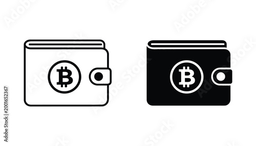 Bitcoin cryptocurrency wallet icon vector set displaying digital currency symbol in classic wallet shape for finance and blockchain technology apps
