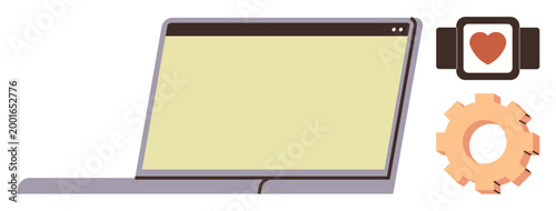 Technology, remote work, digital tools, wearable devices, health tracking, system integration. Laptop, smartwatch with heart icon and gear. Technology and remote work concepts for modern solutions