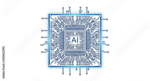 Blue circuit board with AI logo.