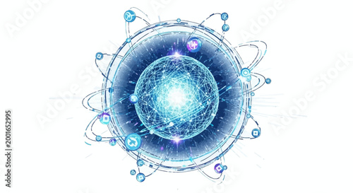 Vibrant blue glowing atomic energy sphere.