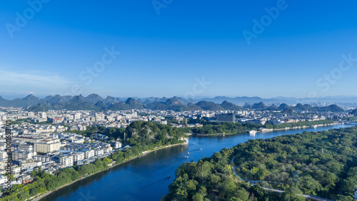 Aerial Morning View of Guilin with Li River, Elephant Trunk Hill, and Karst Peaks