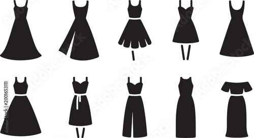 Vector graphic illustration of various women's dresses and outfits in black silhouette designs