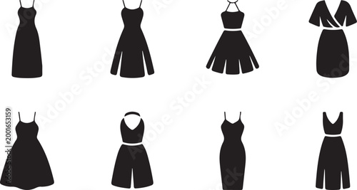 Vector illustration of various black dress designs and styles for fashion