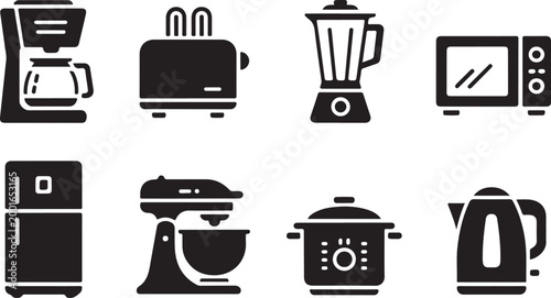 Vector graphic illustration of kitchen appliances including coffee maker and toaster