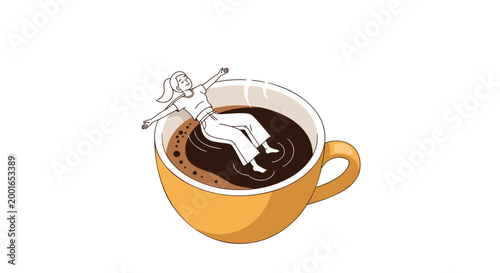 drowning man, coffee cup, dark humor, vector illustration, brown liquid