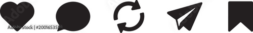 Set of five modern black social media icons for like, comment, share, send, and save