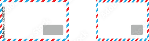 Vector graphic illustration of two airmail envelopes with red and blue borders and gray rectangles
