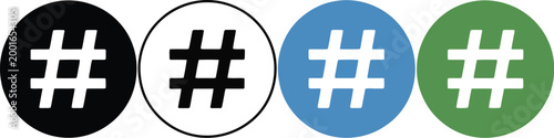 Hashtag symbol icon set, minimalist flat vector collection of hashtag icons representing social media tags trends and online content organization.