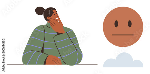 Mental health, emotional awareness, decision-making, self-reflection, mood tracking, personal growth. A person thinking beside a neutral face icon. Mental health and emotional awareness concepts