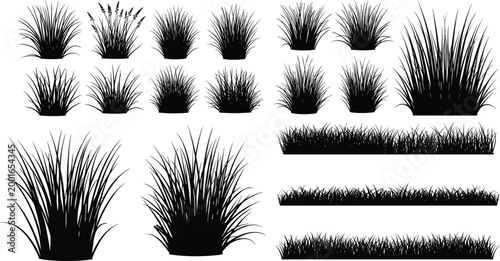 Black grass silhouette collection with bush shapes and border elements isolated on white background for landscape design use