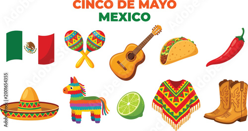 Cinco de Mayo Mexico Icon Set with Flag, Guitar, Taco, Sombrero, Piñata, Maracas, Chili Pepper and Traditional Fiesta Elements Vector Collection