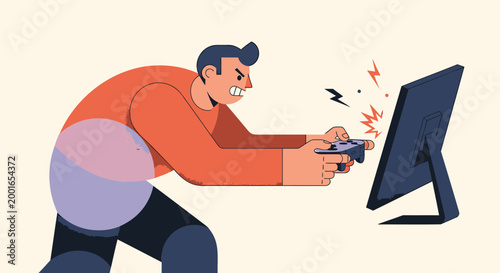 Frustrated man, gamer anger, computer stress, vector illustration, angry player