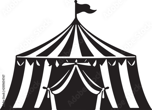 Black and white illustration of a classic circus tent with a flag on top