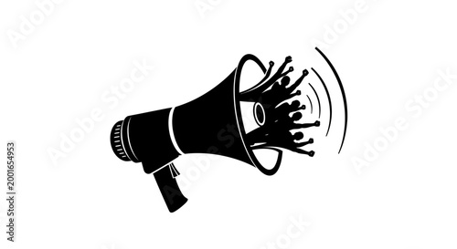 Megaphone, loudspeaker, announcement icon, sound wave, black silhouette May day, EPS