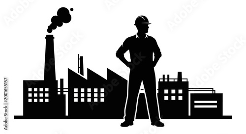 Industrial worker silhouette, factory background, industrial scene, black icon, laborer May day, EPS