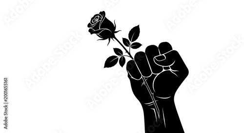 Black fist holding rose, protest symbol, activist hand, floral gesture, vector icon May day, EPS