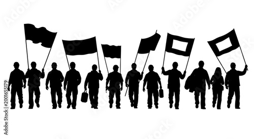 Protest, demonstration, activism, black silhouettes, people holding flags May day, EPS