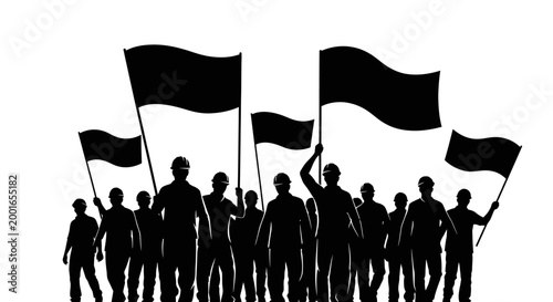 Protest, demonstration, crowd, people, waving, flags, black, silhouettes, activism, movement May day, EPS