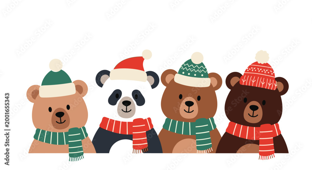 Naklejka premium Adorable group of four bears including a panda wearing colourful winter hats and striped scarves for the holidays.