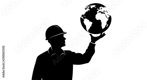 Industrial worker, globe, silhouette, construction, laborer, earth May day, EPS