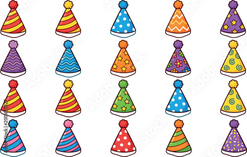 A vibrant collection of twenty colorful cartoon party hats featuring festive patterns like stars, polka dots, and stripes topped with fuzzy pom-poms isolated on white.