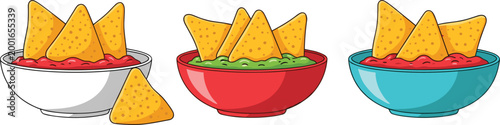Set of crispy mexican nachos tortilla chips in colorful bowls with salsa and guacamole dipping sauce isolated on white background vector illustration