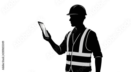 Construction worker, engineer, or inspector silhouette, black and white, safety vest, hard hat, tablet May day, EPS