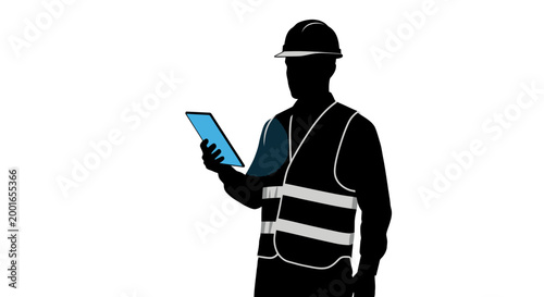 Construction worker, engineer, or inspector icon, safety vest, tablet, vector May day, EPS