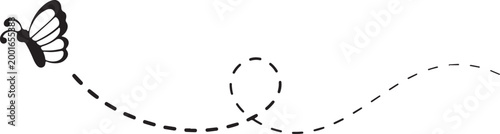 A butterfly flies along a winding dotted line path in a vector graphic illustration