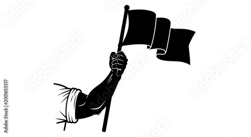 Revolutionary Hand Holding Flag, Protest Symbol, Black and White Vector Icon, Social Movement Illustration May day, EPS