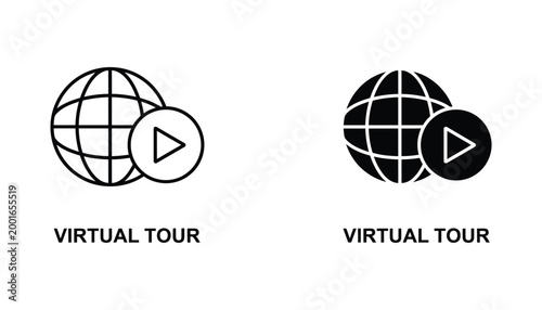 Virtual tour world globe icon with play button for interactive digital experiences in outline and solid black vector design