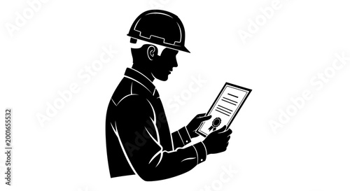 Construction worker, engineer, or architect silhouette, man in hard hat reading tablet or clipboard, black icon May day, EPS