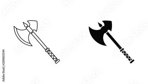 Double sided battle axe icon set in outline and solid black style for medieval fantasy game design or weaponry collection